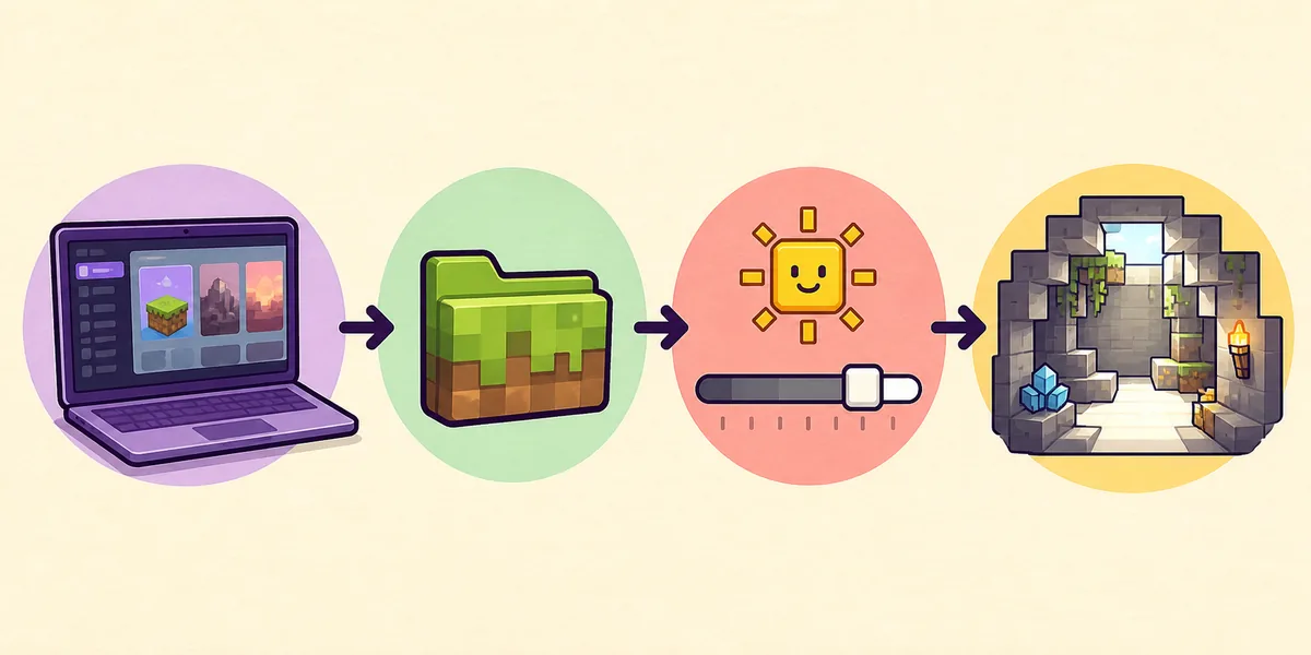 Flux éditorial en quatre étapes entre un profil SKlauncher et le test de luminosité de Minecraft dans une grotte