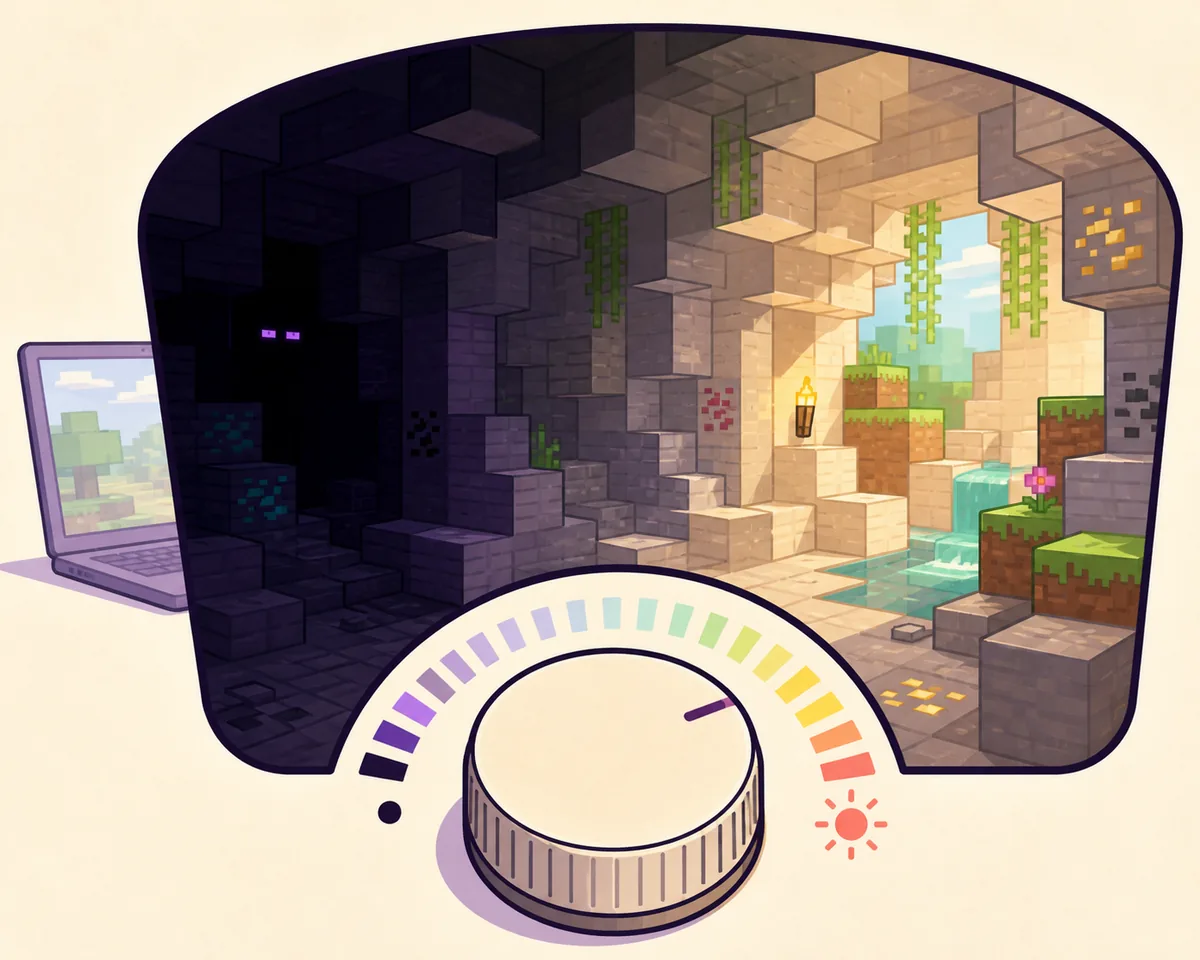 Editorial illustration of Minecraft lighting changes on a computer
