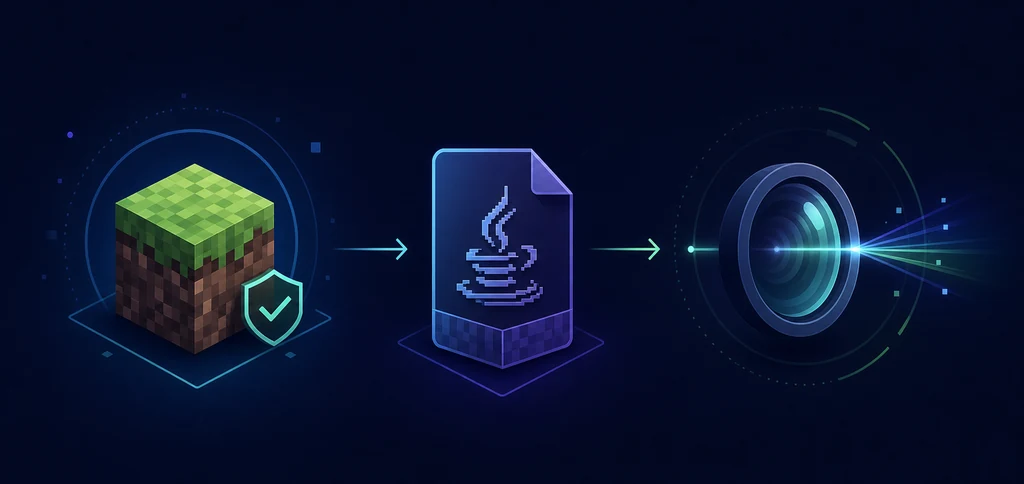 Editorial illustration of a Minecraft profile, Java file and OptiFine renderer installation flow