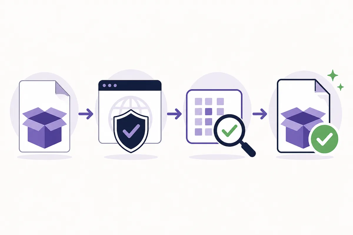 Illustrative SKlauncher safety verification flow from source to file hash and permissions