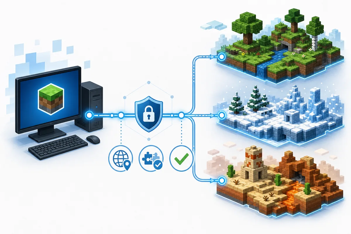컴퓨터에서 여러 Minecraft 서버 월드로 연결되는 편집용 일러스트