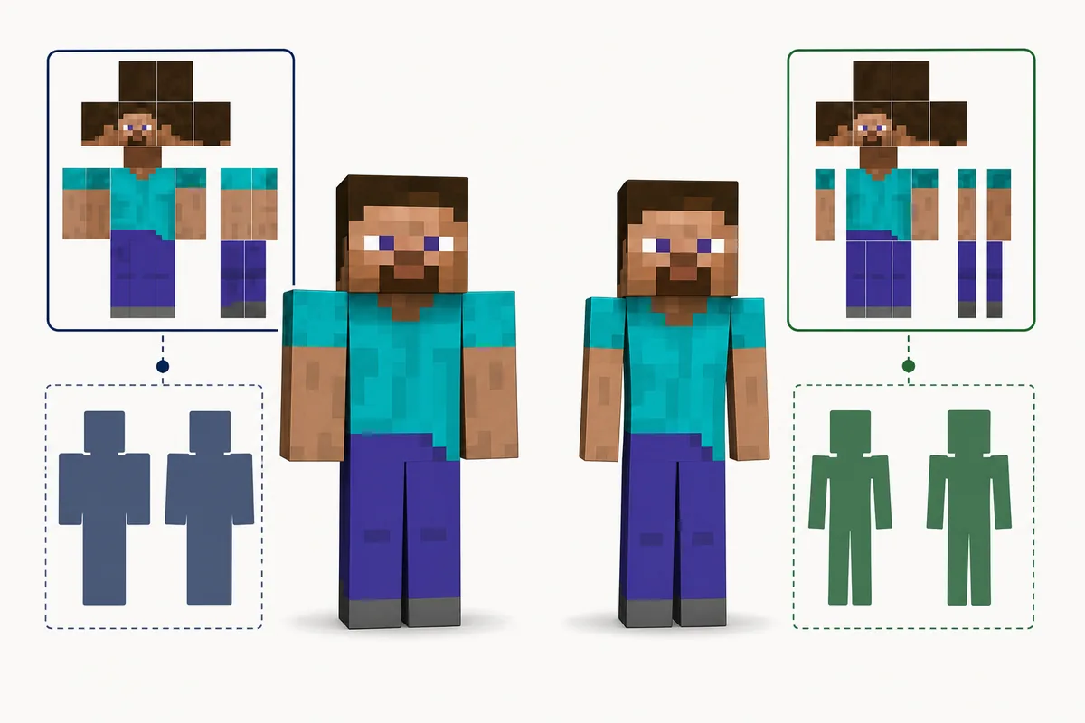 Editorial comparison of Classic and Slim Minecraft skin arm proportions